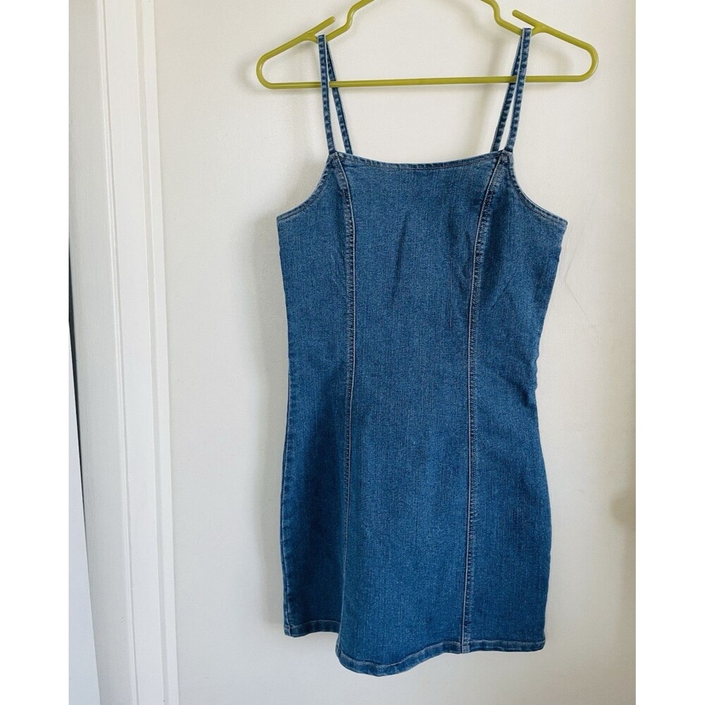 BP Solid Blue Denim Bodycon Mini Dress Strappy Square Neck Zip Size 2